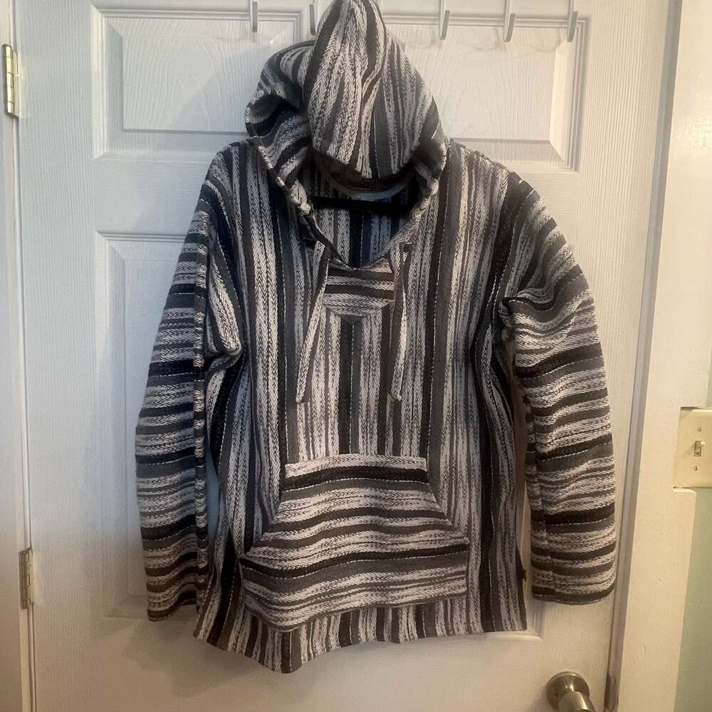 Original Senor Lopez Gray & Black Striped Baja Hoodie Drug Rug Made in Mexico La